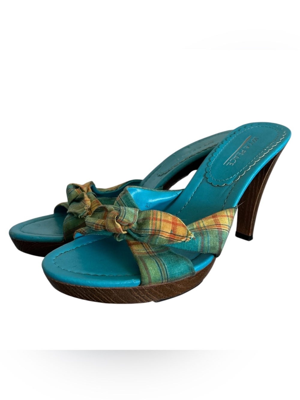 Y2K “Joy & Peace” Teal Blue and Yellow Plaid Print Wooden Style Heels